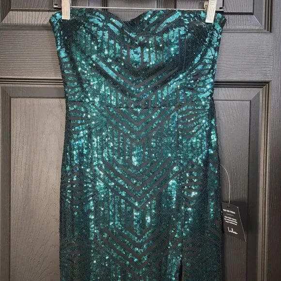 Lulus 'Dazzling Magic' Teal and Black Sequin Strapless Maxi Dress - Picture 6 of 16